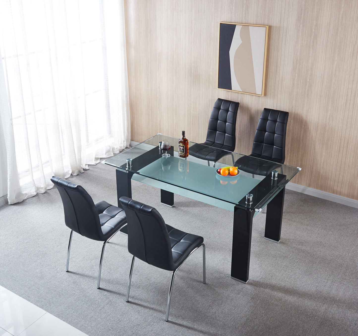 5 Pieces Modern dining set, Rectangular Double-Layer Tempered Glass Dining Table with 4 Lattice Design Leatherette Dining Chair