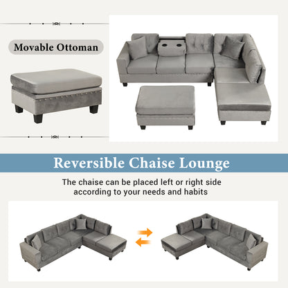 106.5" Modern Sectional Sofa with Storage Ottoman, L-Shape Couch with 2 Pillows and Cup Holder,Sectional Sofa with Reversible Chaise for Living Room,Gray