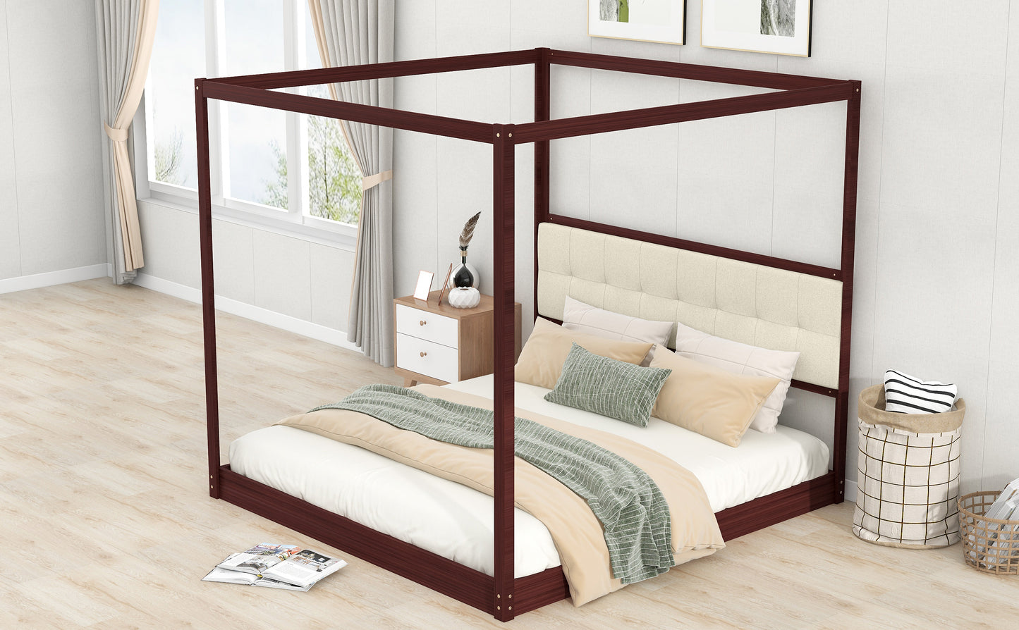 King Size Wooden Canopy Platform Bed with Upholstered Headboard,Espresso