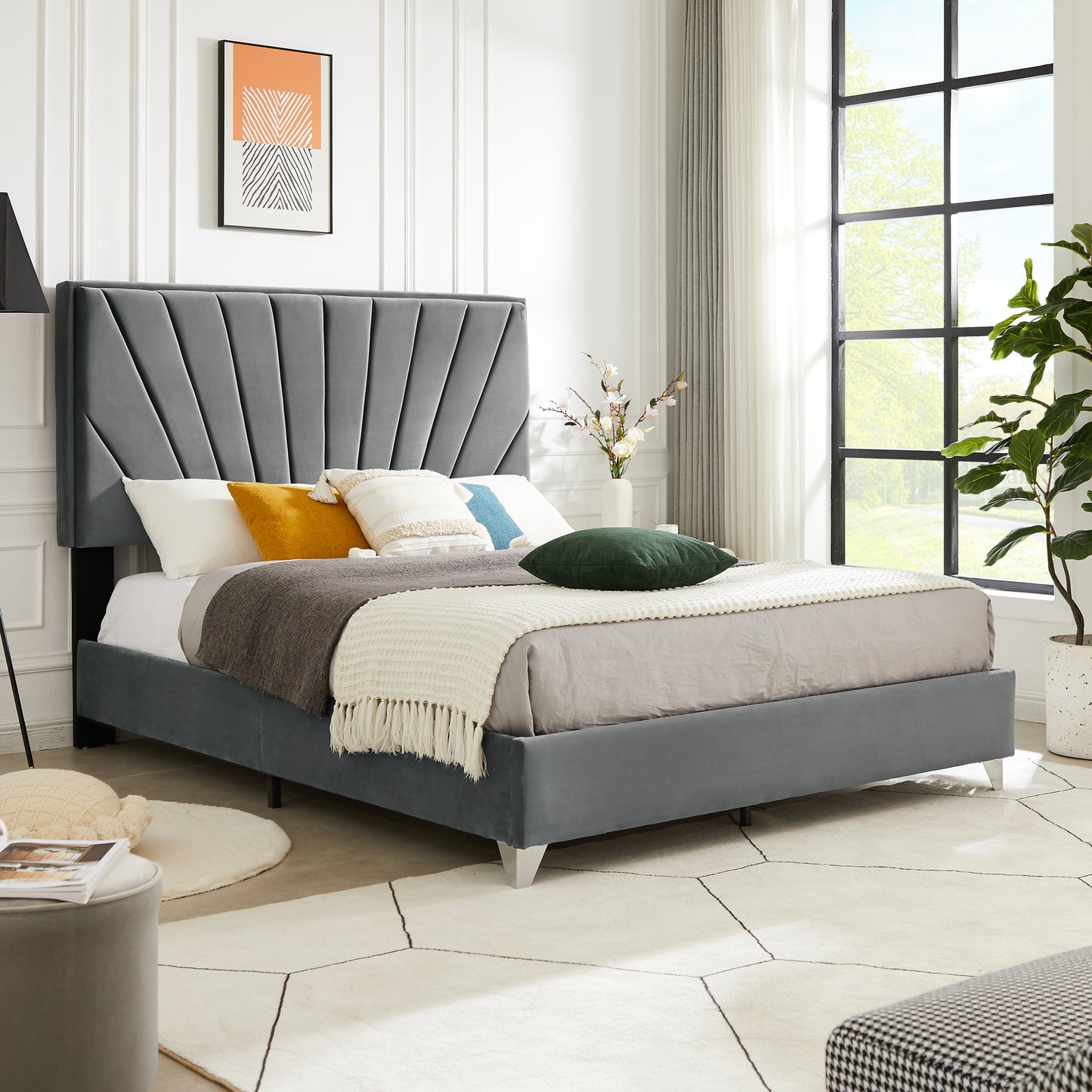 B108 Beautiful line stripe cushion headboard Full bed, strong wooden slats + metal support feet, Gray Flannelette