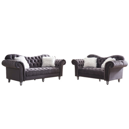 3 Piece Living Room Sofa Set, including 3-Seater Sofa, Loveseat and Sofa Chair, with Button and Copper Nail on Arms and Back, Five White Villose Pillow, Grey.