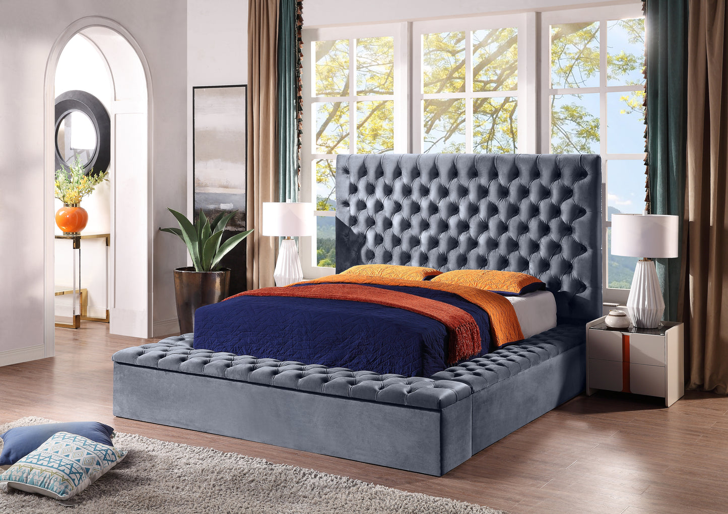 Contemporary Velvet Upholstered Bed with Storage Locker, Deep Button Tufting, Solid Wood Frame, High-density Foam, Silver Metal Leg, Queen Size