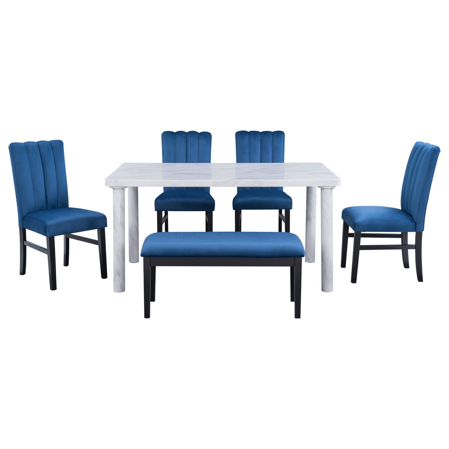 TREXM 6-Piece Dining Table Set with Marble Veneer Table and 4 Flannelette Upholstered Dining Chairs & Bench (White+Blue)