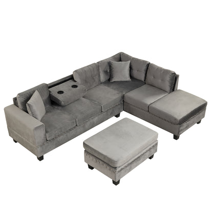 106.5" Modern Sectional Sofa with Storage Ottoman, L-Shape Couch with 2 Pillows and Cup Holder,Sectional Sofa with Reversible Chaise for Living Room,Gray