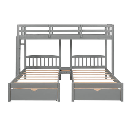 Twin over Twin & Twin Bunk Bed with Two Drawers and Built-in Middle Drawer, Gray