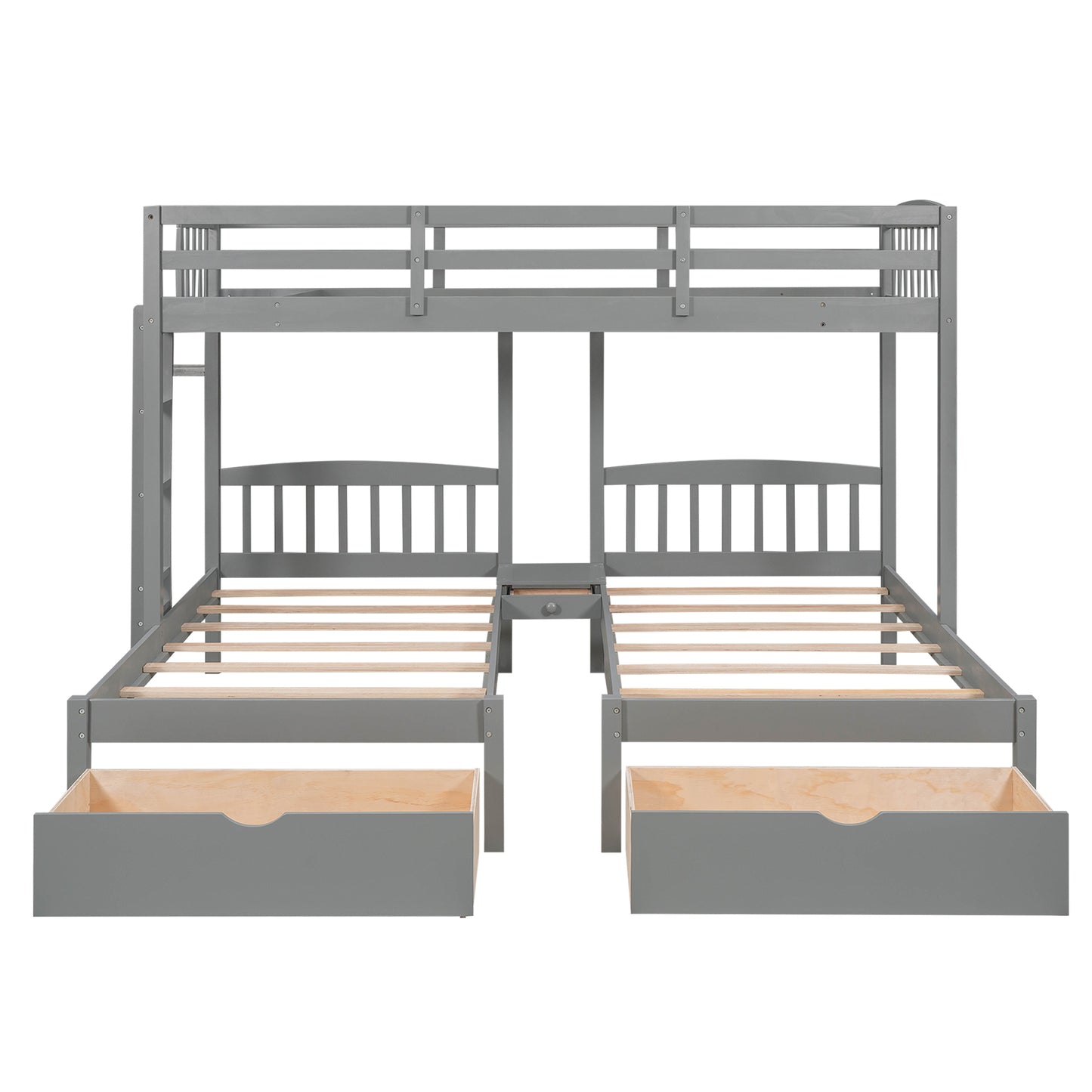 Twin over Twin & Twin Bunk Bed with Two Drawers and Built-in Middle Drawer, Gray