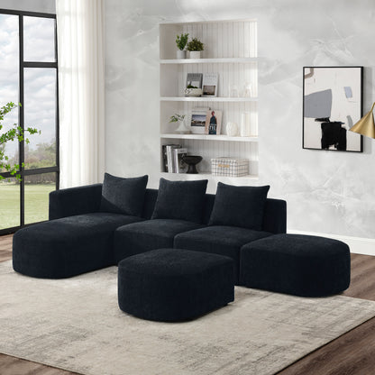 L Shape Sectional Sofa including Two Single Seats, Left Side Chaise and Two Ottomans, Modular Sofa, DIY Combination, Loop Yarn Fabric, Black