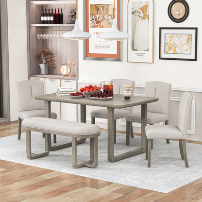 TREXM 6-Piece Retro-Style Dining Set Includes Dining Table, 4 Upholstered Chairs & Bench with Foam-covered Seat Backs&Cushions for Dining Room (Light Khaki+Beige)