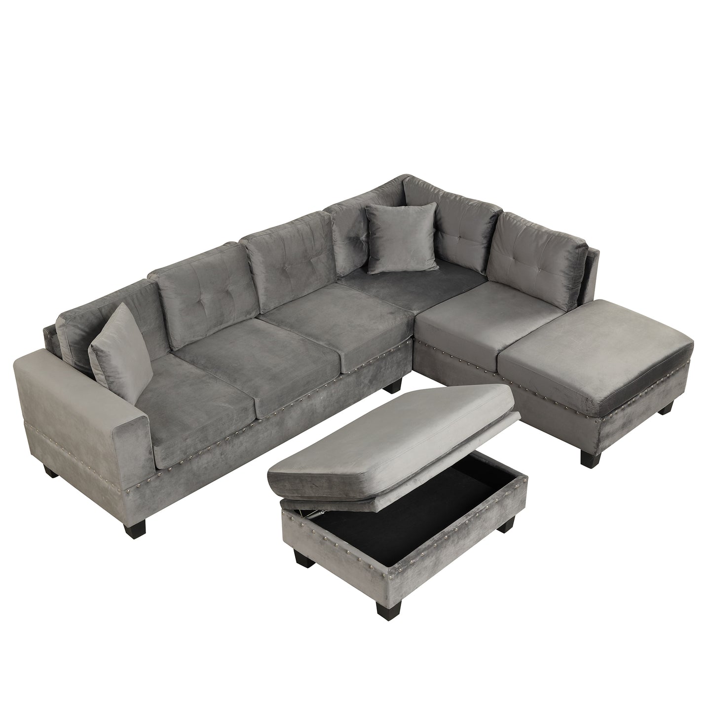 106.5" Modern Sectional Sofa with Storage Ottoman, L-Shape Couch with 2 Pillows and Cup Holder,Sectional Sofa with Reversible Chaise for Living Room,Gray