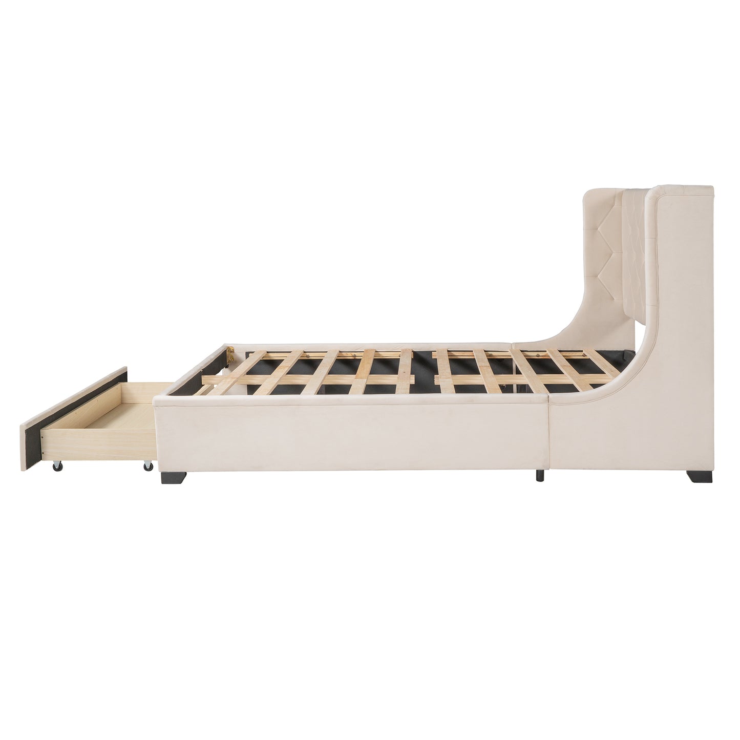 Queen Size Storage Bed Velvet Upholstered Platform Bed with Wingback Headboard and a Big Drawer (Beige)