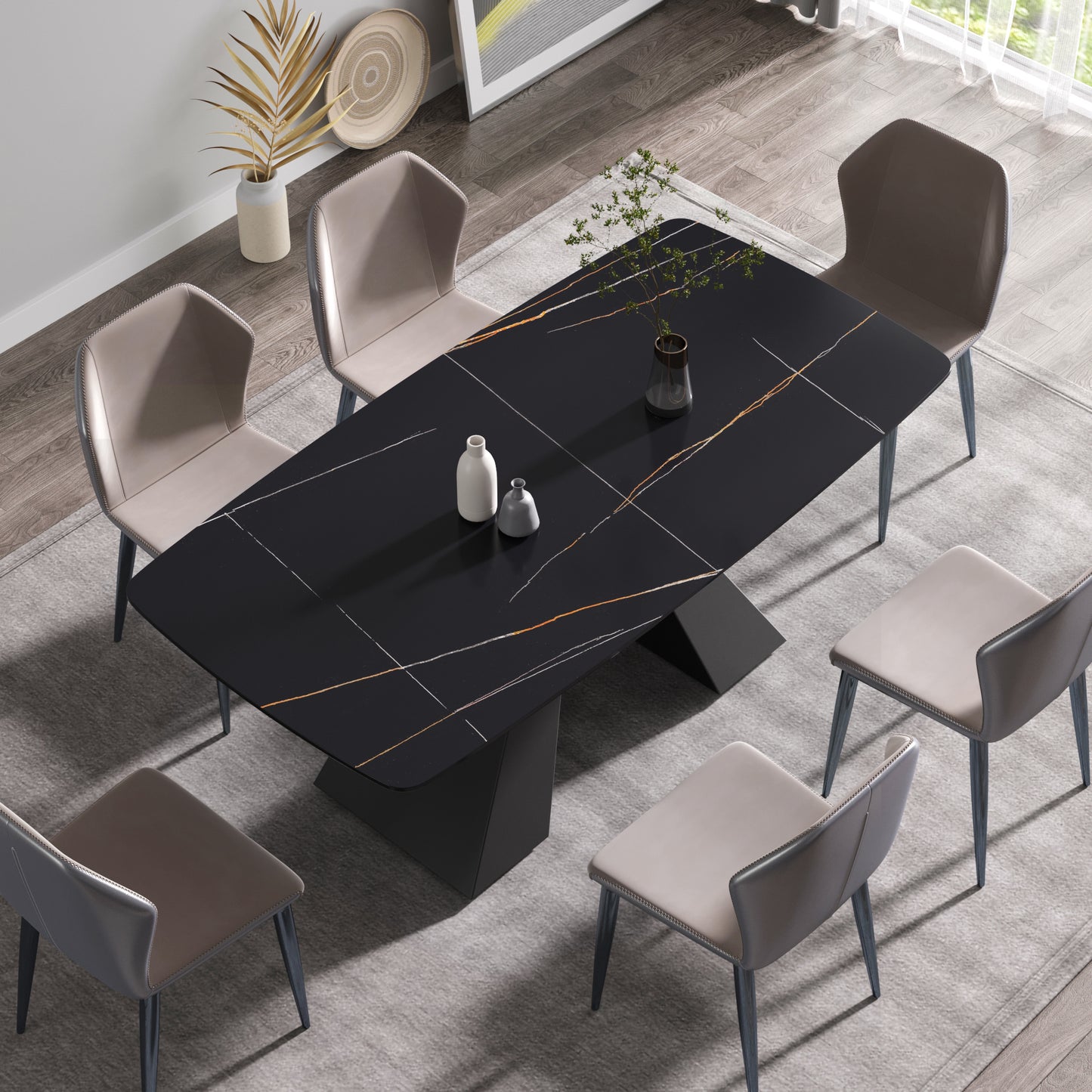 70.87"Modern artificial stone black curved black metal leg dining table-can accommodate 6-8 people