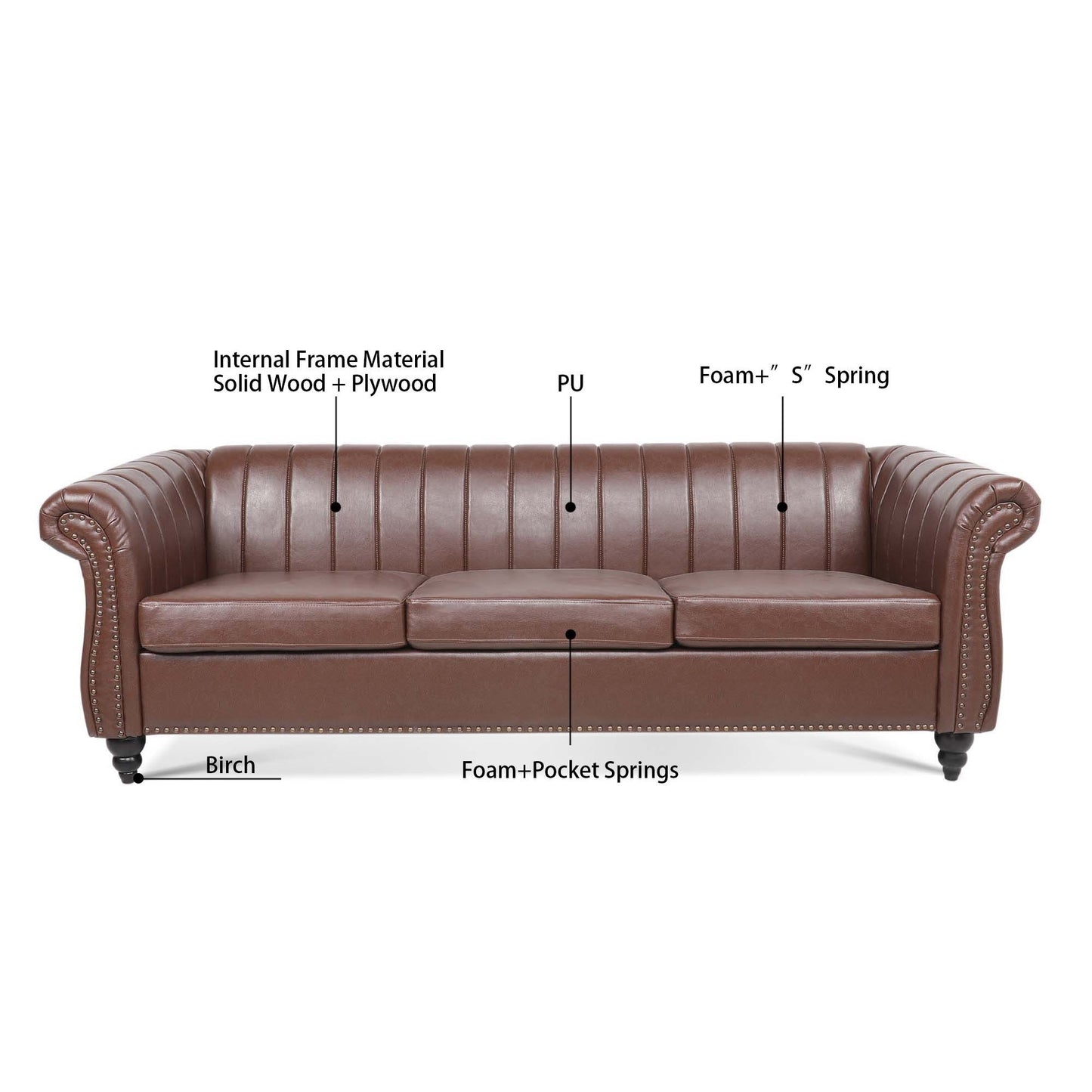 84'' Brown PU Rolled Arm Chesterfield Three Seater Sofa.