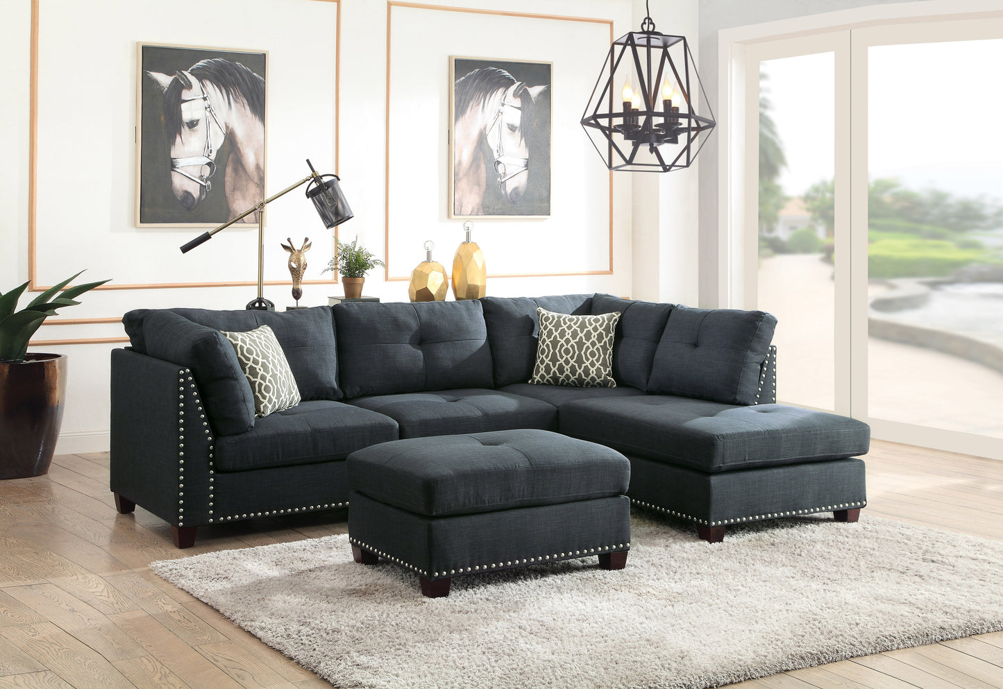 ACME Laurissa Sectional Sofa & Ottoman (2 Pillows) in Dark Blue Linen 54365