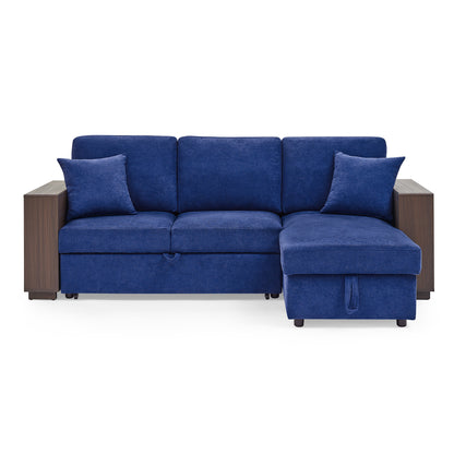 Sectional Sofa with Pulled Out Bed, 2 Seats Sofa and Reversible Chaise with Storage, MDF Shelf Armrest, Two Pillows, Navy Blue, (88" x52" x 34")