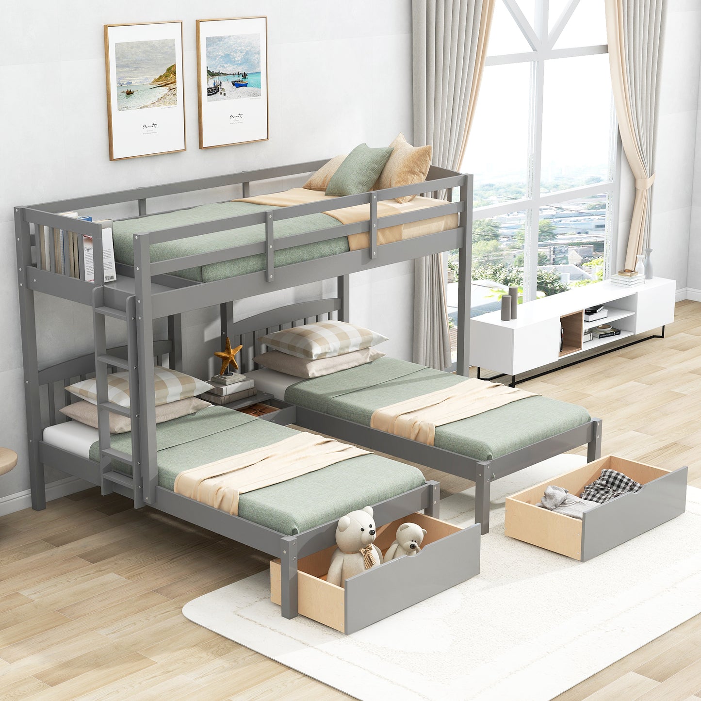 Twin over Twin & Twin Bunk Bed with Two Drawers and Built-in Middle Drawer, Gray