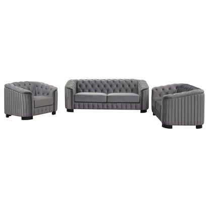 Modern 3-Piece Sofa Sets with Rubber Wood Legs,Velvet Upholstered Couches Sets Including Three Seat Sofa, Loveseat and Single Chair for Living Room Furniture Set,Gray