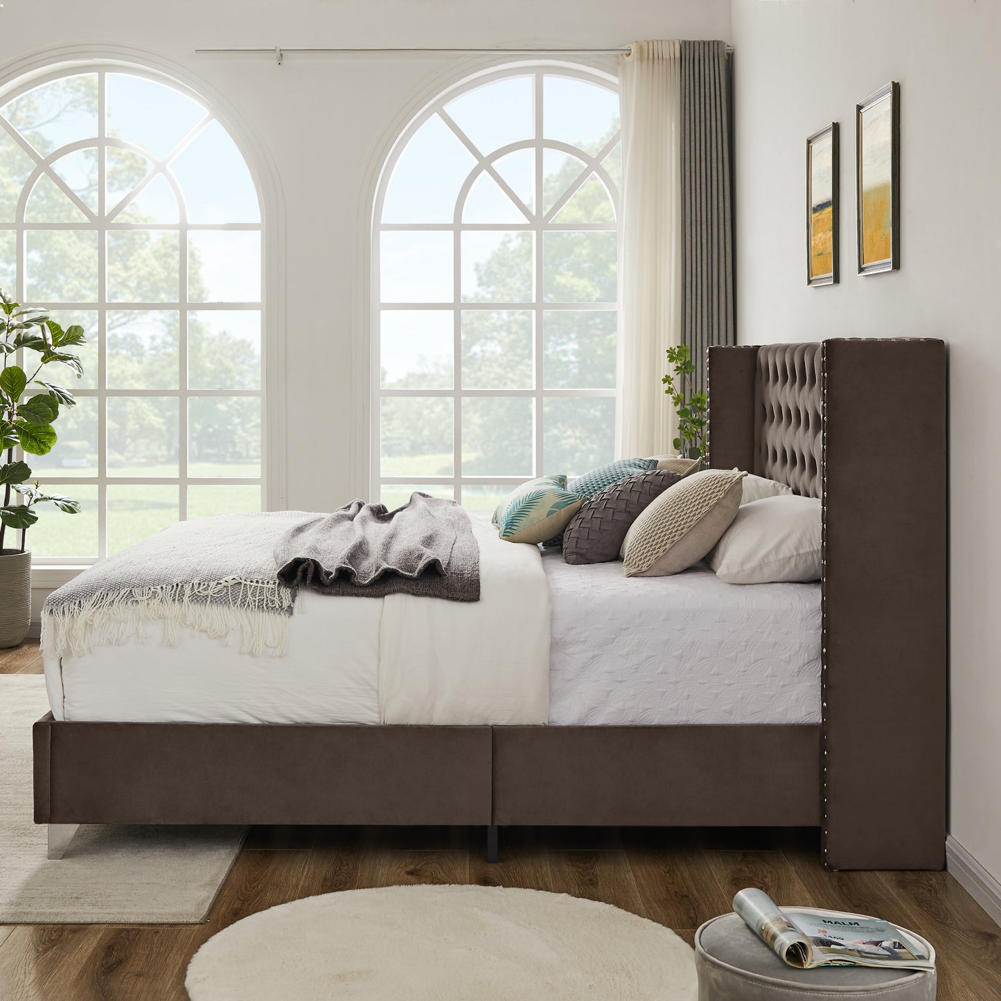 B100S King bed, Button designed Headboard,strong wooden slats + metal legs with Electroplate