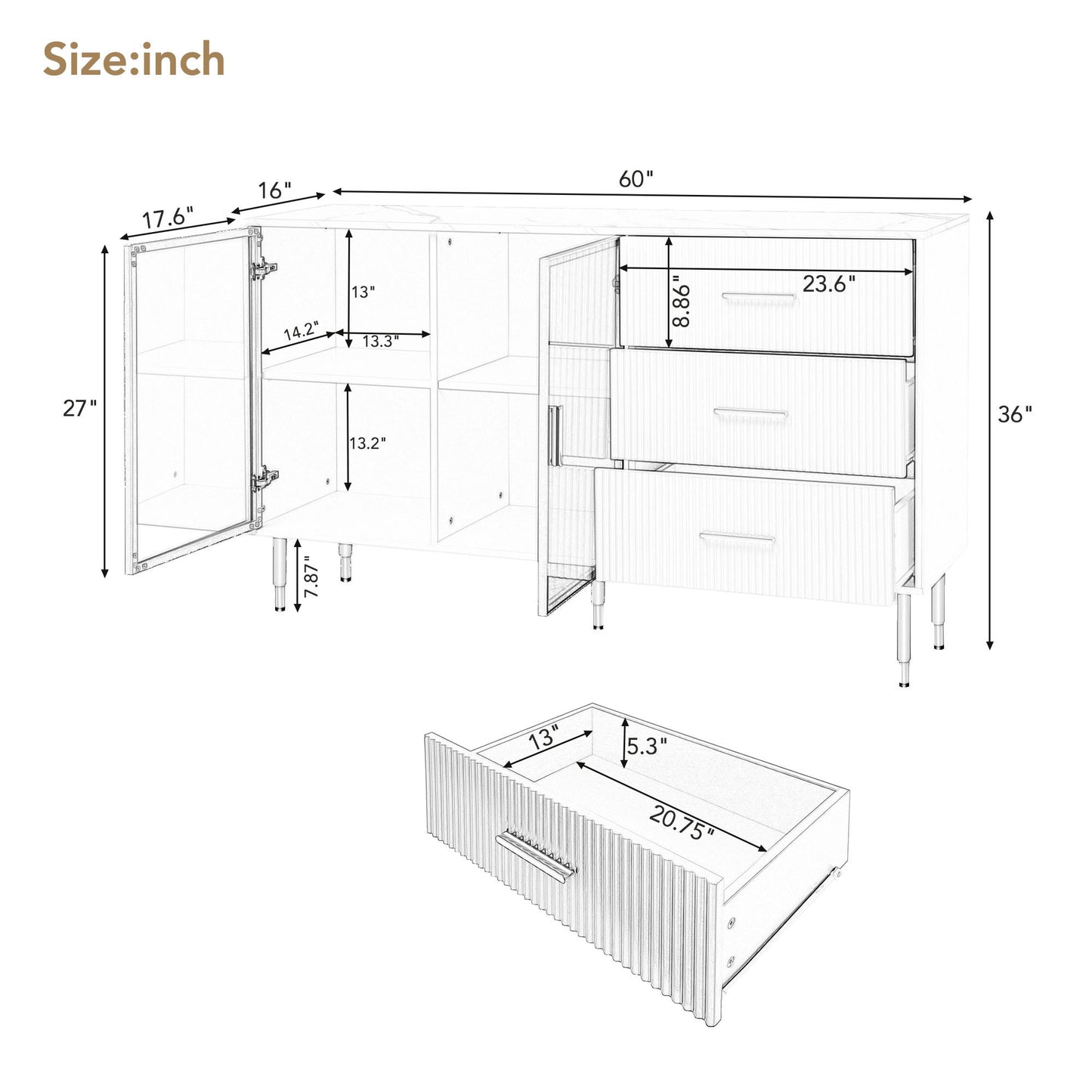 TREXM Modern Sideboard MDF Buffet Cabinet Marble Sticker Tabletop and Amber-yellow Tempered Glass Doors with Gold Metal Legs & Handles (White)