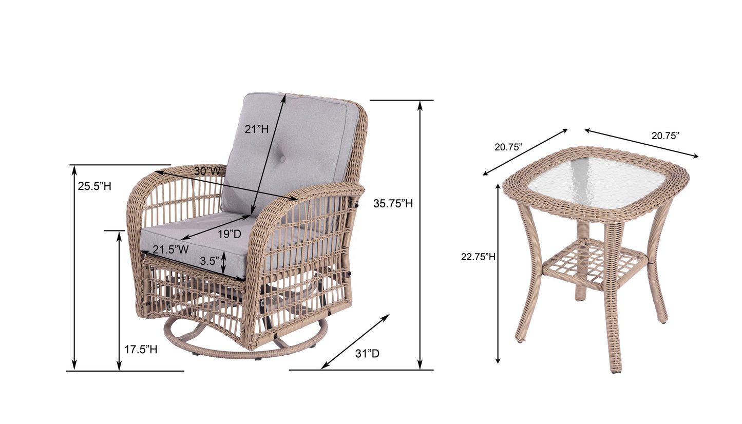 3 Pieces Outdoor Wicker Swive Rocking Chair Set, Patio Bistro Sets with 2 Rattan Rocker Chairs and Glass Coffee Table for Backyard