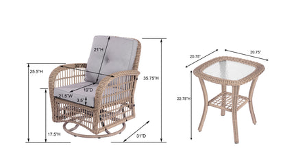 3 Pieces Outdoor Wicker Swive Rocking Chair Set, Patio Bistro Sets with 2 Rattan Rocker Chairs and Glass Coffee Table for Backyard