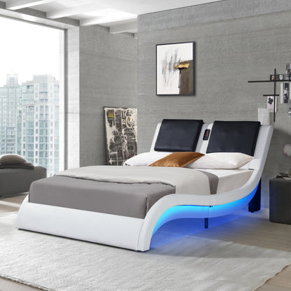 Faux Leather Upholstered Platform Bed Frame with led lighting ,Bluetooth connection to play music /RGB control，Backrest vibration massage，Curve Design, Wood Slat Support, No Box Spring Needed,Queen