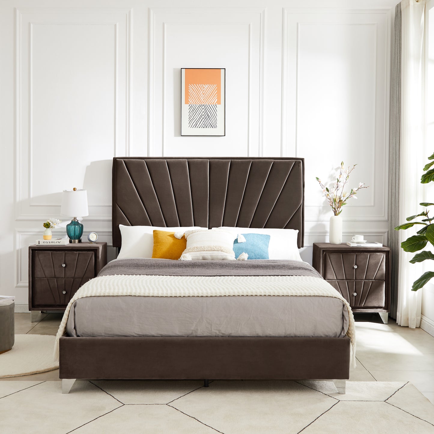 B108 Full bed with one nightstand, Beautiful line stripe cushion headboard , strong wooden slats + metal legs with Electroplate