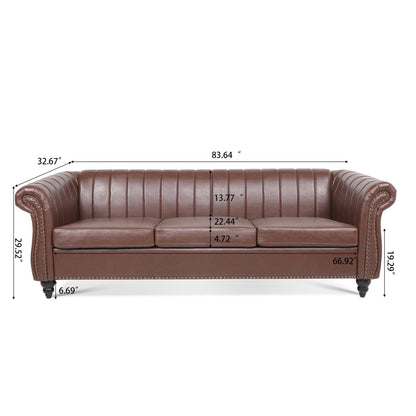 84'' Brown PU Rolled Arm Chesterfield Three Seater Sofa.