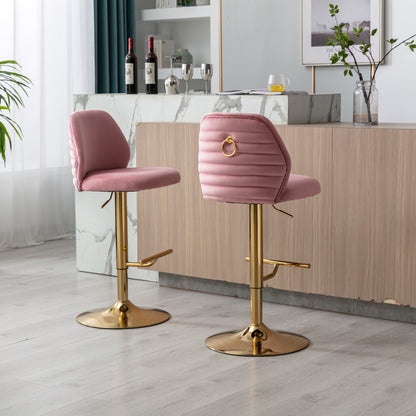 Swivel Bar Stools Chair Set of 2 Modern Adjustable Counter Height Bar Stools, Velvet Upholstered Stool with Tufted High Back & Ring Pull for Kitchen ,Chrome Golden Base,Pink