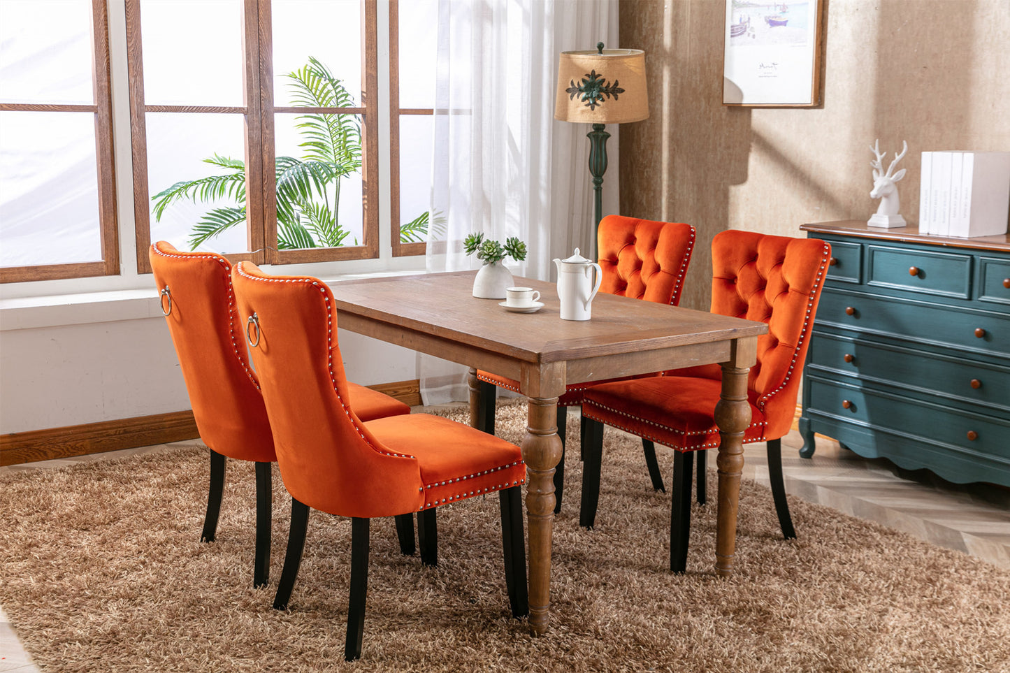 Nikki Collection Modern, High-end Tufted Solid Wood Contemporary Velvet Upholstered Dining Chair with Wood Legs Nailhead Trim 2-Pcs Set, Orange, SW2001OG