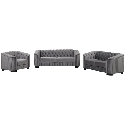 Modern 3-Piece Sofa Sets with Rubber Wood Legs,Velvet Upholstered Couches Sets Including Three Seat Sofa, Loveseat and Single Chair for Living Room Furniture Set,Gray