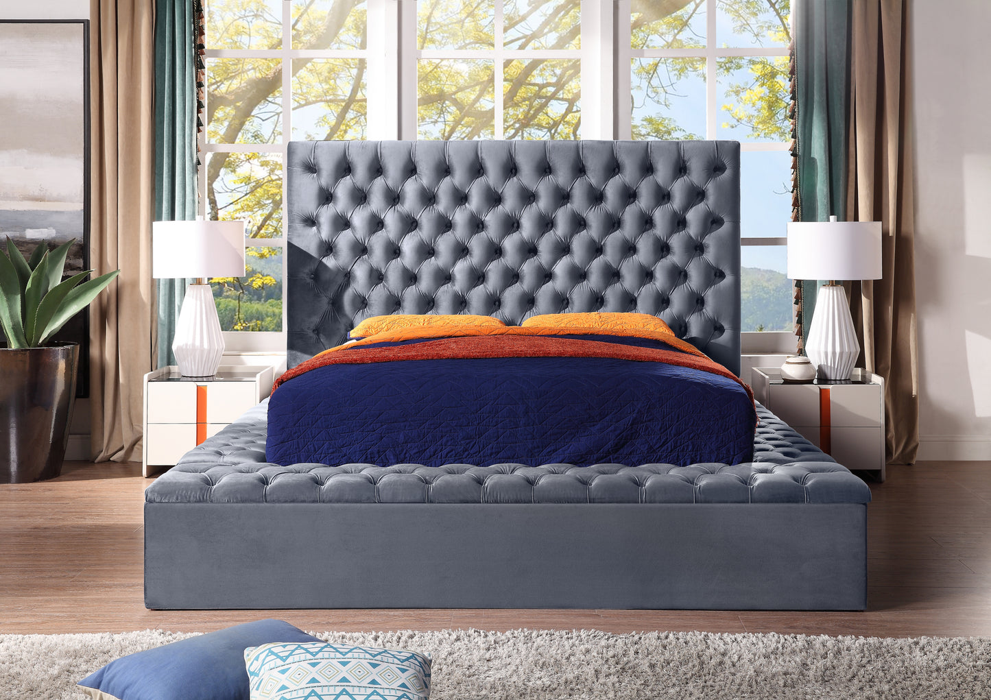 Contemporary Velvet Upholstered Bed with Storage Locker, Deep Button Tufting, Solid Wood Frame, High-density Foam, Silver Metal Leg, Queen Size