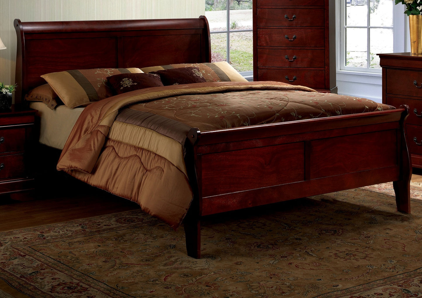 Eastern King Size Bed Cherry Louis Phillipe Solidwood 1pc Bed Bedroom Sleigh Bed