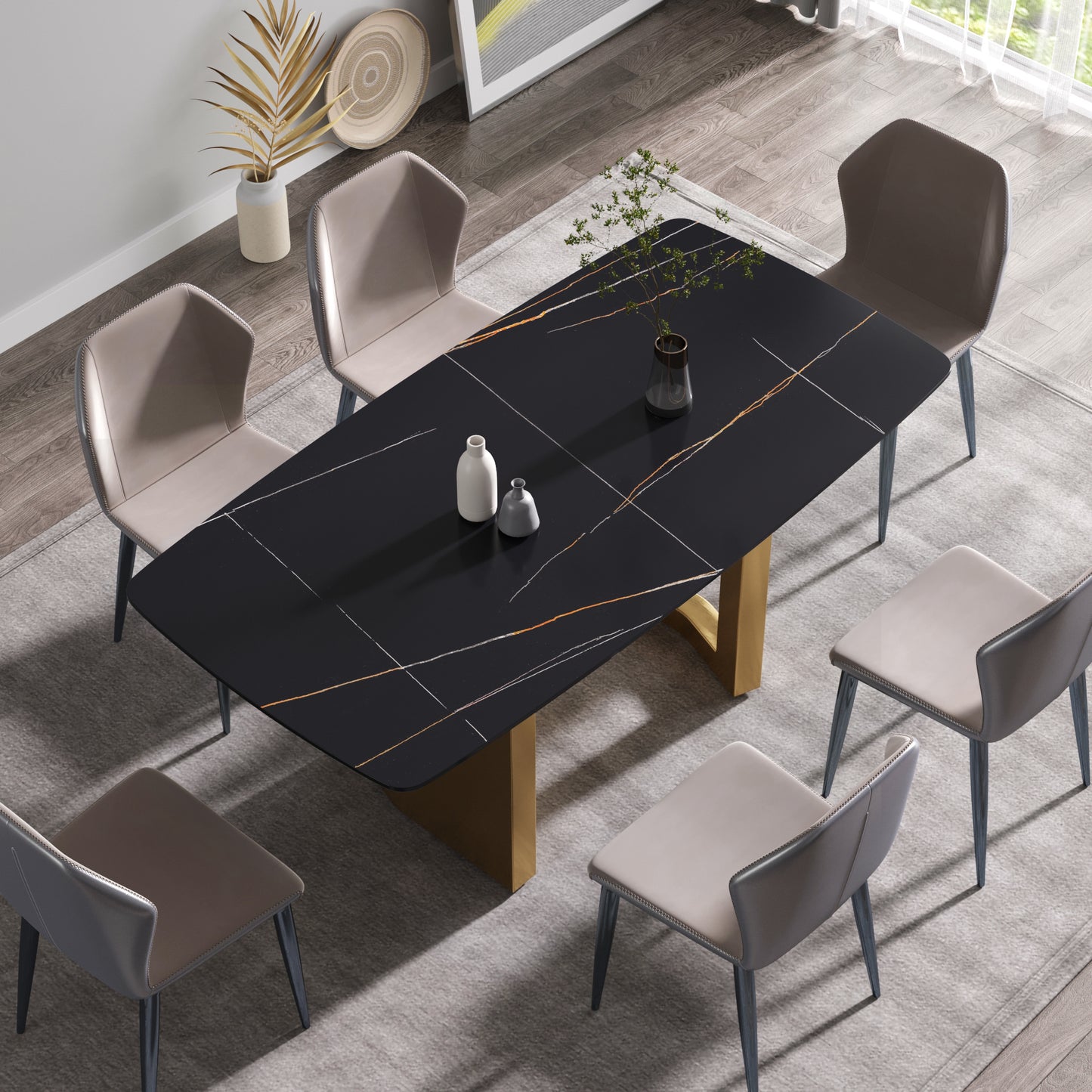 70.87"Modern artificial stone black curved golden metal leg dining table-can accommodate 6-8 people