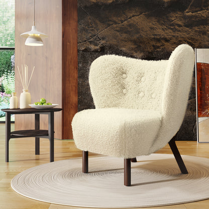 Modern Accent Chair Lambskin Sherpa Wingback Tufted Side Chair with Solid Wood Legs for Living Room Bedroom，Cream