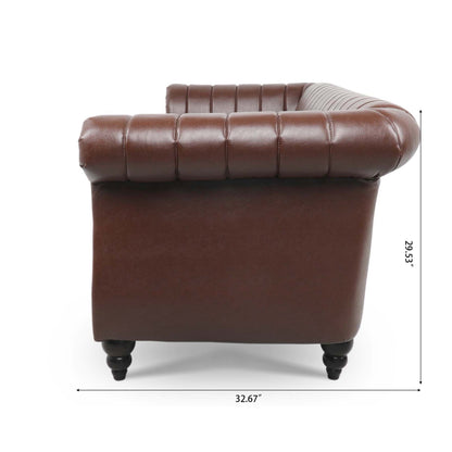 84'' Brown PU Rolled Arm Chesterfield Three Seater Sofa.