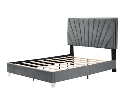 B108 Beautiful line stripe cushion headboard Full bed, strong wooden slats + metal support feet, Gray Flannelette