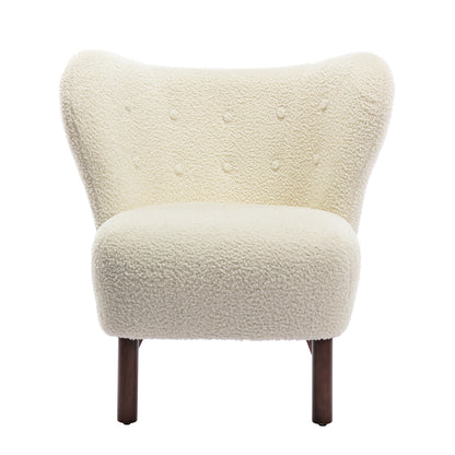 Modern Accent Chair Lambskin Sherpa Wingback Tufted Side Chair with Solid Wood Legs for Living Room Bedroom，Cream