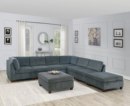 Living Room Furniture Grey Chenille Modular Sectional 8pc Set Large Corner L-Sectional Modern Couch 2x Corner Wedge 4x Armless Chairs and 2x Ottomans Plywood