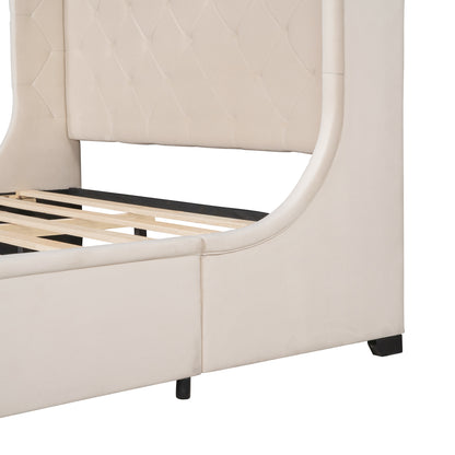 Queen Size Storage Bed Velvet Upholstered Platform Bed with Wingback Headboard and a Big Drawer (Beige)