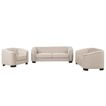 Modern 3-Piece Sofa Sets with Rubber Wood Legs,Velvet Upholstered Couches Sets Including Three Seat Sofa, Loveseat and Single Chair for Living Room Furniture Set,Beige