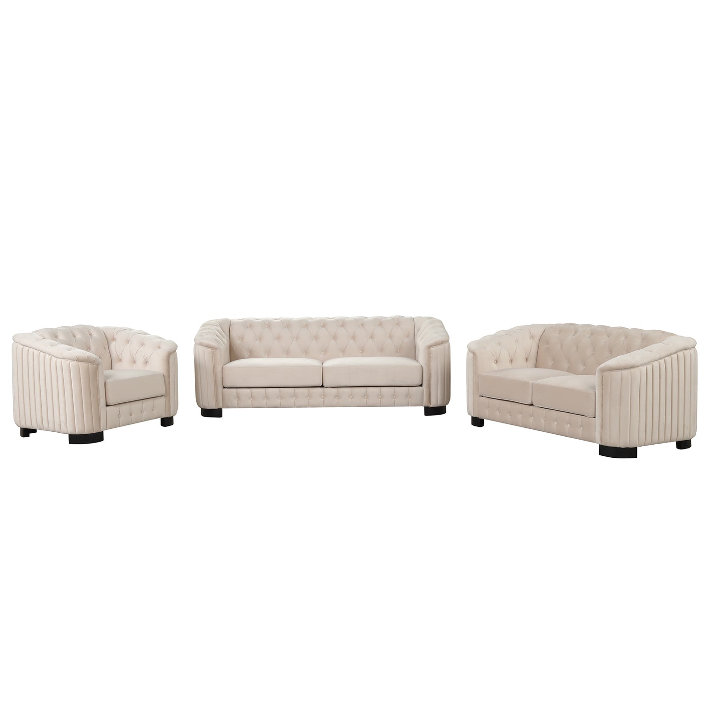 Modern 3-Piece Sofa Sets with Rubber Wood Legs,Velvet Upholstered Couches Sets Including Three Seat Sofa, Loveseat and Single Chair for Living Room Furniture Set,Beige