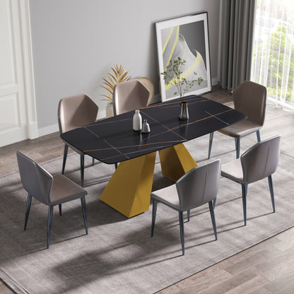 70.87"Modern artificial stone black curved golden metal leg dining table-can accommodate 6-8 people