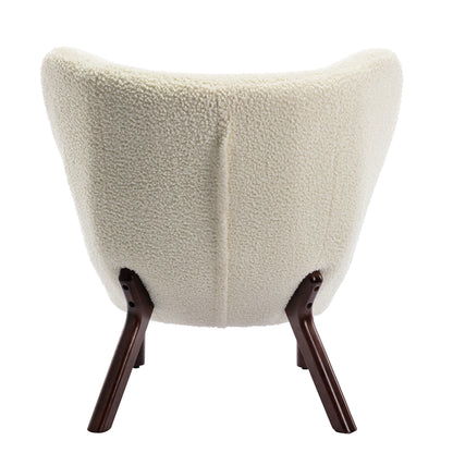 Modern Accent Chair Lambskin Sherpa Wingback Tufted Side Chair with Solid Wood Legs for Living Room Bedroom，Cream