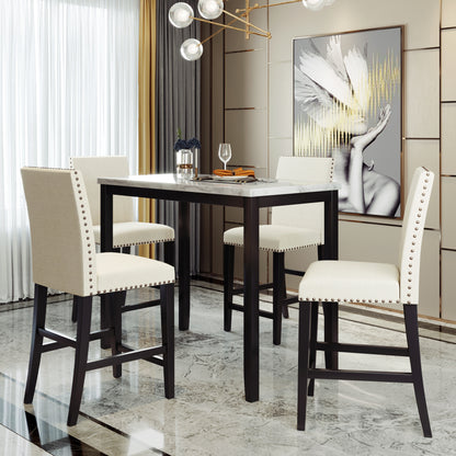 TOPMAX 5 Piece Counter Height Faux Marble Modern Dining Set with Matching Chairs and Marble Veneer  for Home, Beige