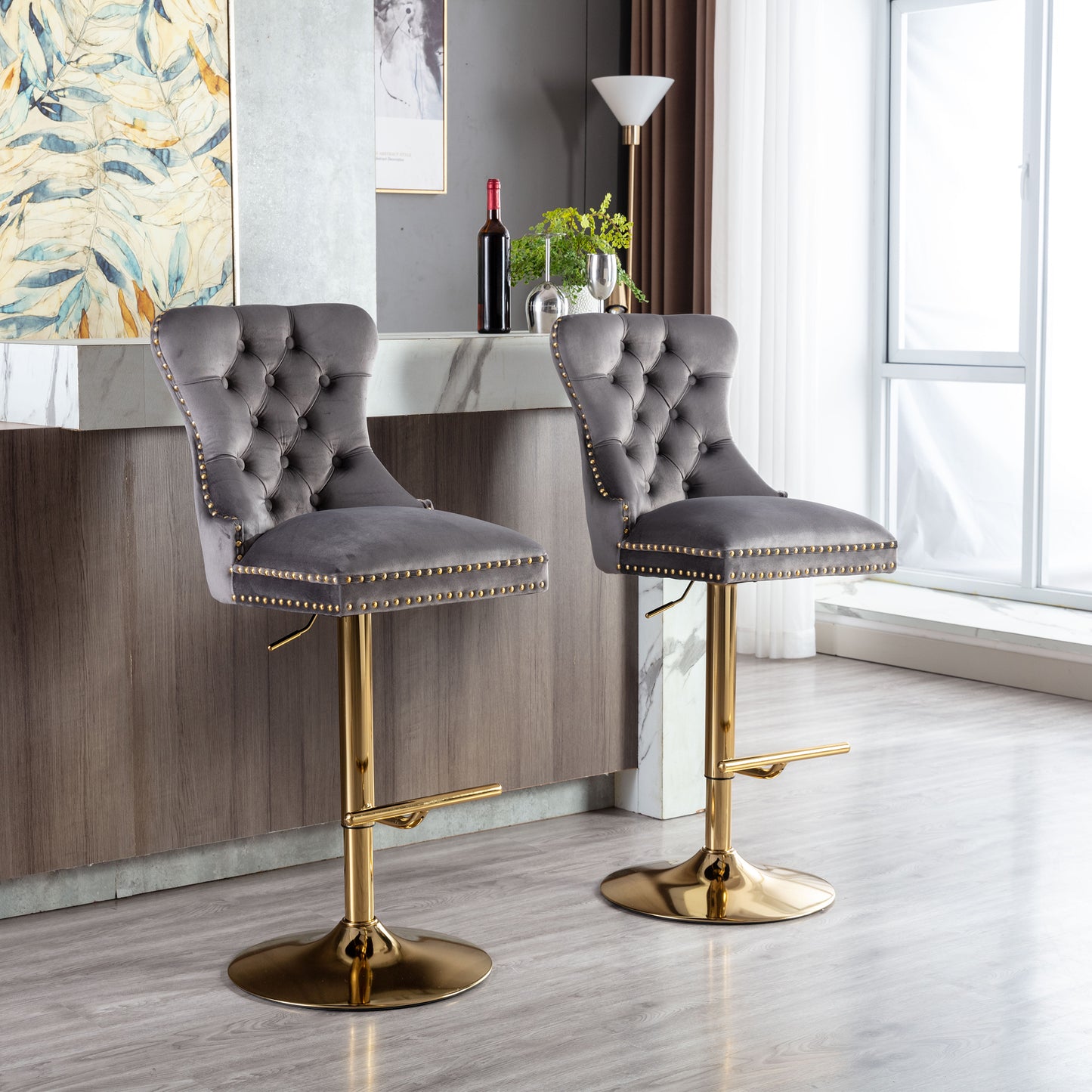 Swivel Bar Stools Chair Set of 2 Modern Adjustable Counter Height Bar Stools, Velvet Upholstered Stool with Tufted High Back & Ring Pull for Kitchen , Chrome Golden Base, Grey