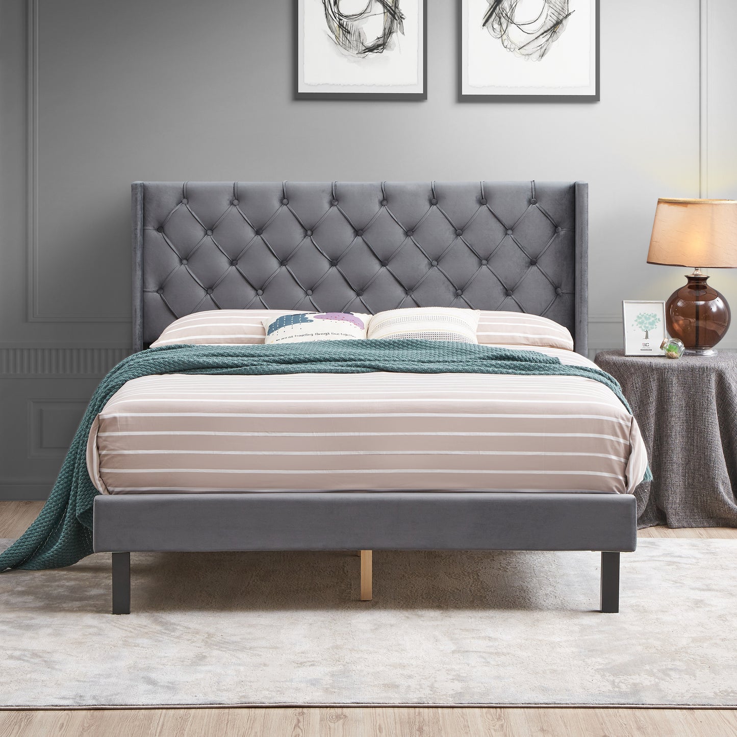 Velvet Button Tufted-Upholstered Bed with Wings Design - Strong Wood Slat Support - Easy Assembly - Gray, Queen, platform bed