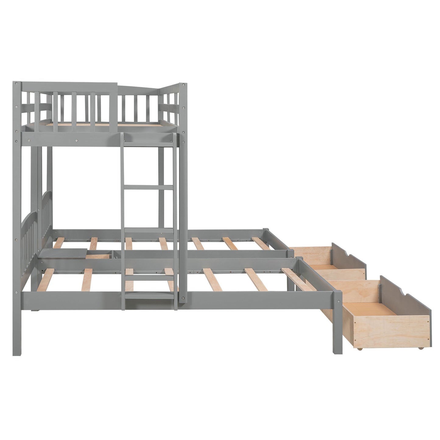 Twin over Twin & Twin Bunk Bed with Two Drawers and Built-in Middle Drawer, Gray