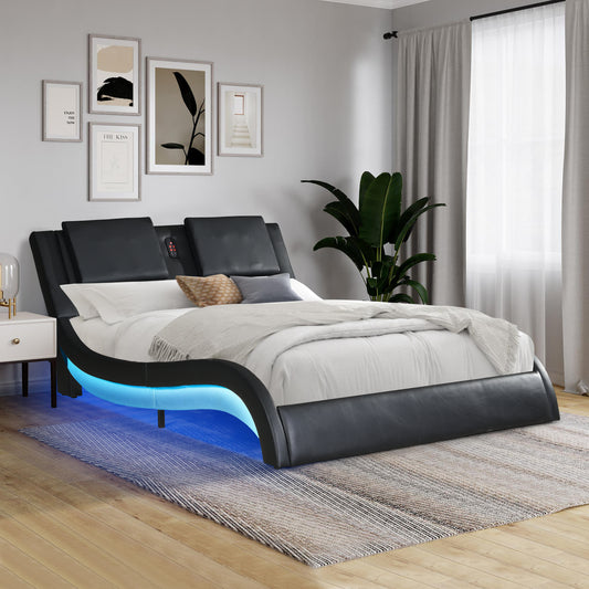 Faux Leather Upholstered Platform Bed Frame with led lighting ,Bluetooth connection to play music /RGB control，Backrest vibration massage，Curve Design, Wood Slat Support, No Box Spring Needed,Queen