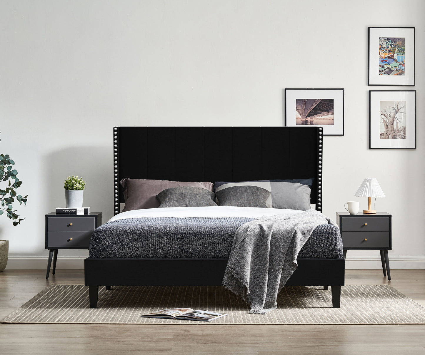 Queen Size Tufted Upholstered Bed Frame Low Profile Velvet Bed Frame Platform with Raised Wingback Headboard/No Box Spring Required/Wood Slat Support/Black