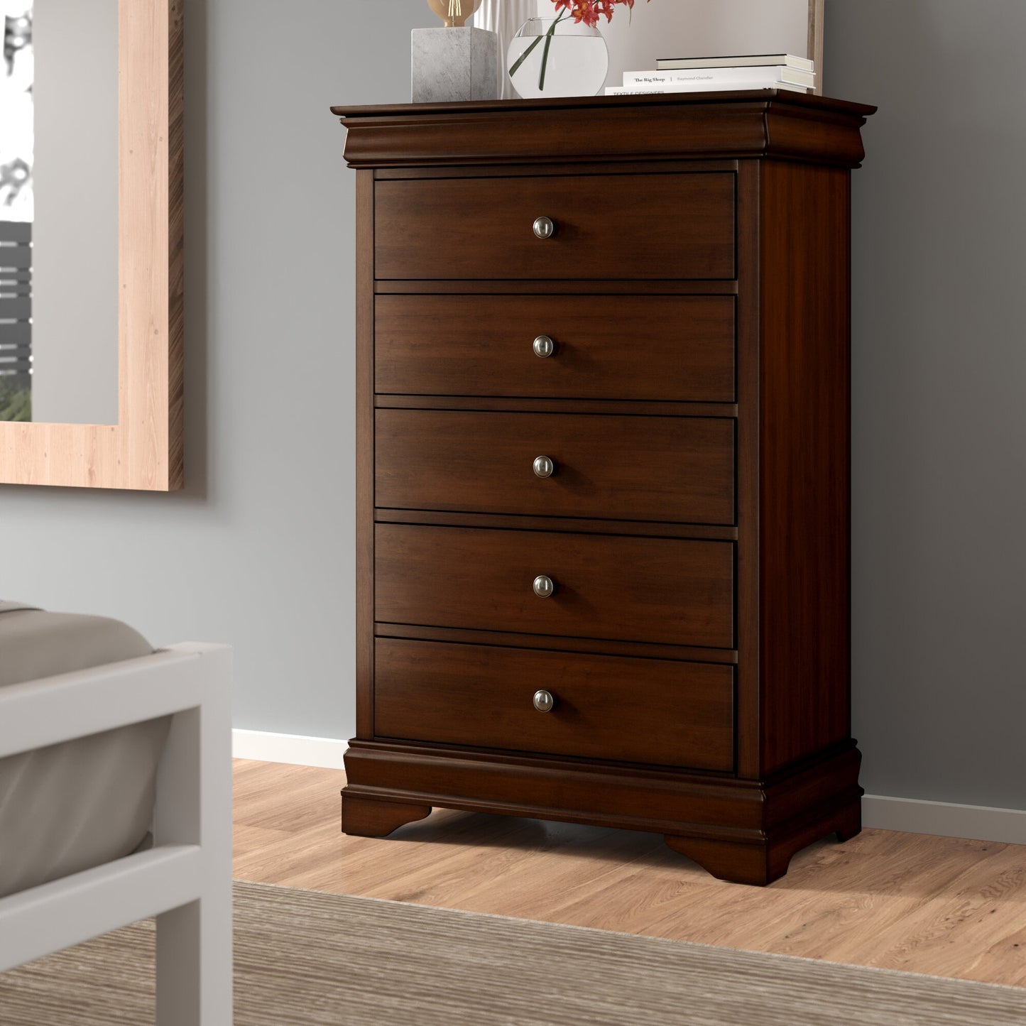 Louis Philippe Style 1pc Chest of Drawers Brown Cherry Finish Okume Veneer Bedroom Furniture